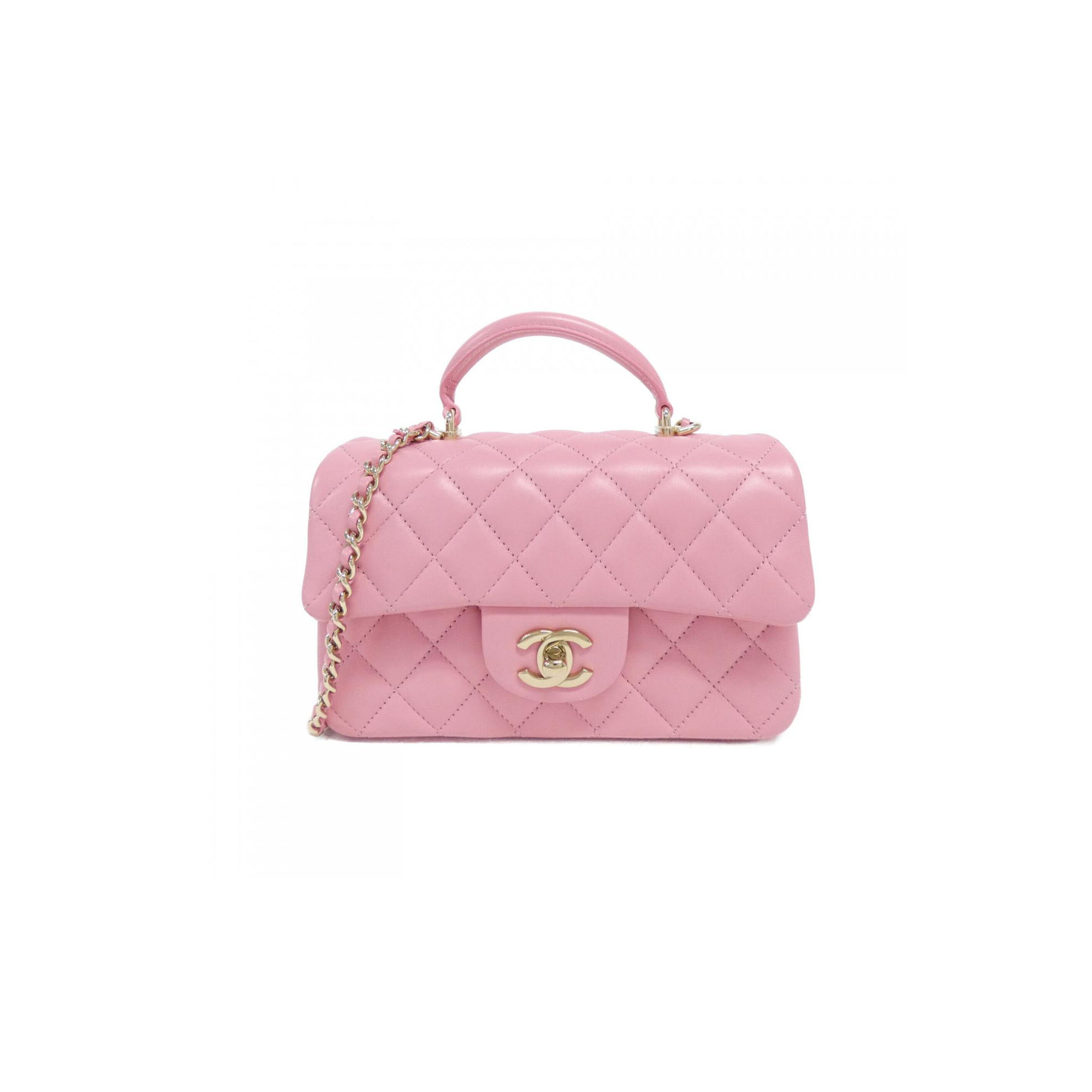 Ch*el quilted top handle mini rectangular pink lambskin as2431 (20*12*6cm)